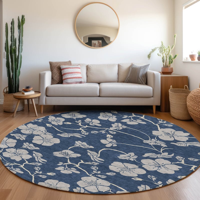 Machine Washable Indoor/ Outdoor Floral Zen Chantille Rug - Navy - 8' x 8'