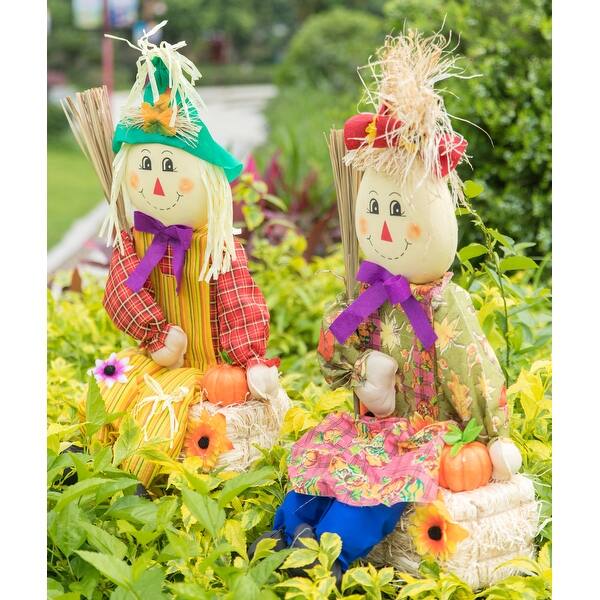 Shop Set Of 2 Garden Scarecrows Sitting On Hay Bale Overstock 31749799