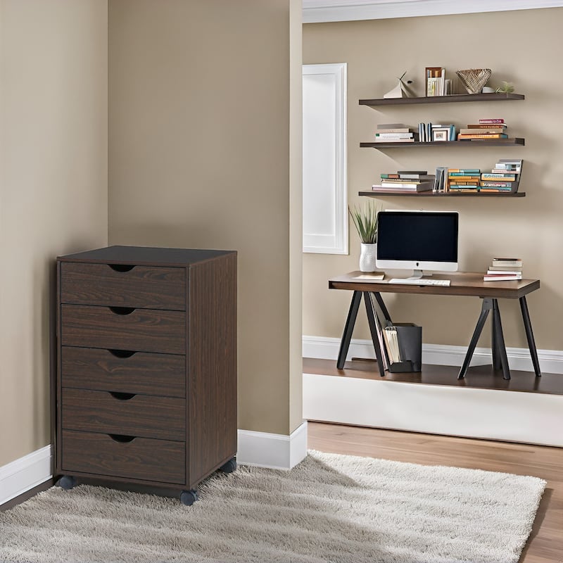 Portable 5-Drawer Wooden Cabinet with 360° Wheels, Smooth Pullout & Extra Top Storage