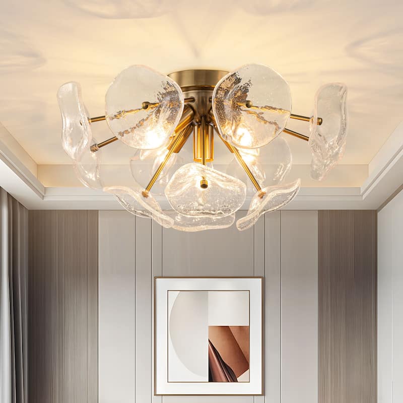 Starsky 5-Light Flush Mount Chandelier with Hand-Blown Flower Glass Shades, Art Deco/Mid-Century Style