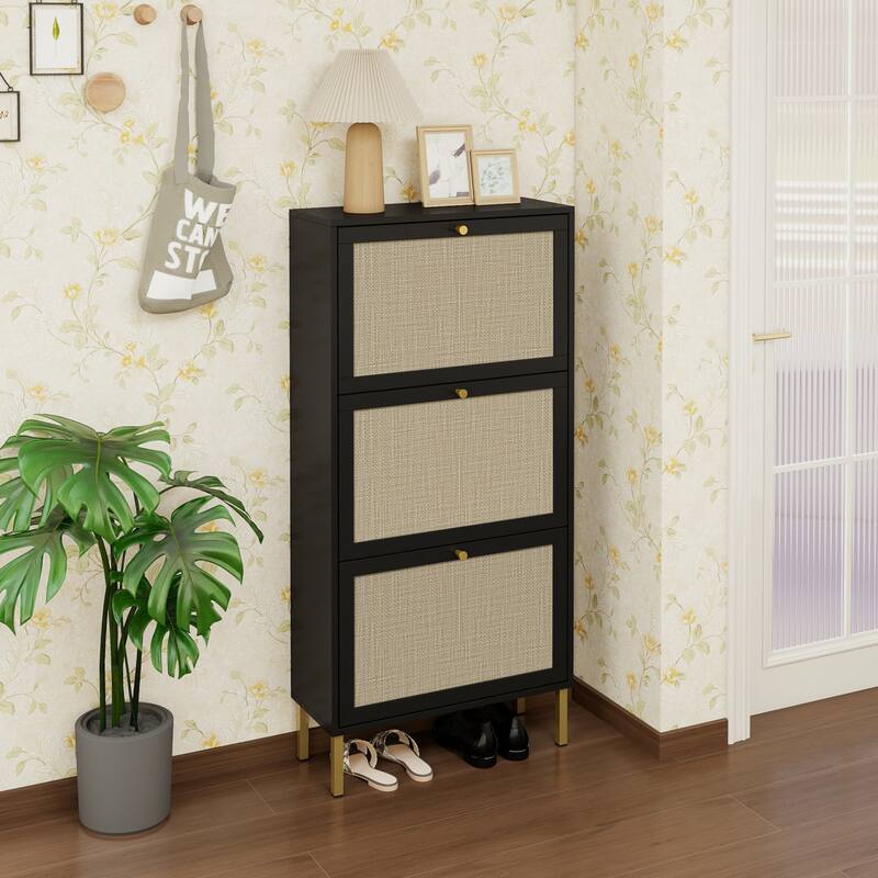 Shoe Storage Cabinet with 3 Flip Drawers, Freestanding 3-Tier Shoe Rack, Slim Shoe Organizer with Half Round Woven Rattan Doors