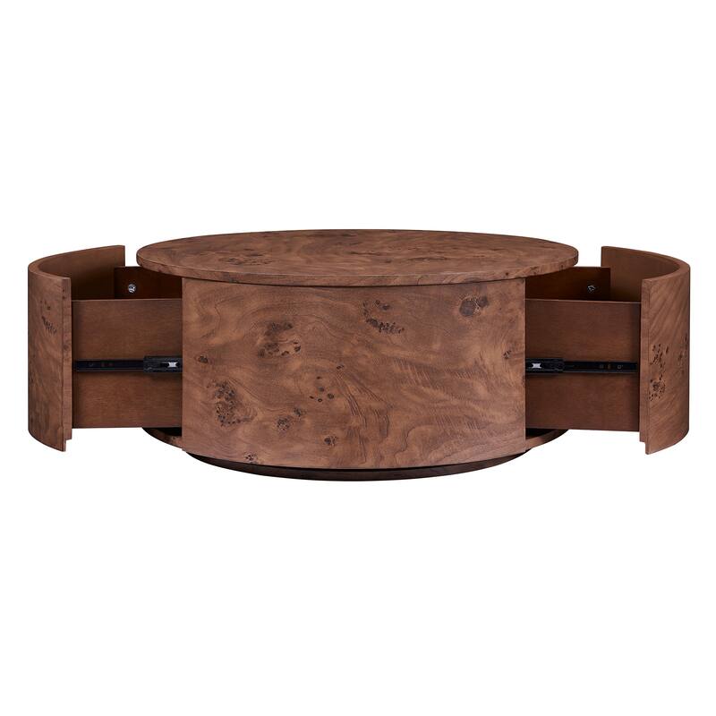 28.4" Burl Wood Rotating Coffee Table with 2 Drawers - 360° Swivel Top in Walnut Finish