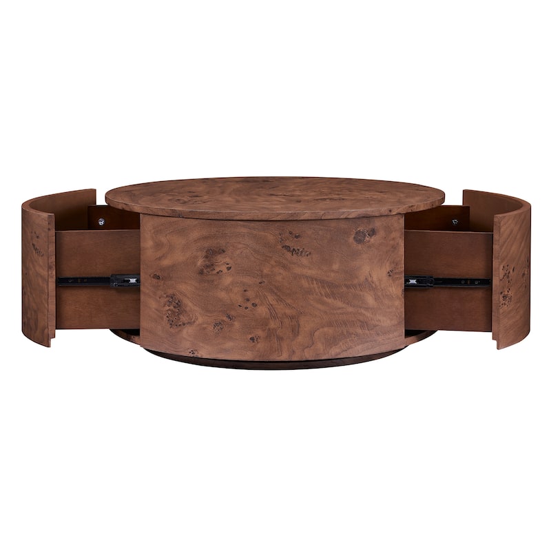 Burl Wood Rotating Coffee Table with 2 Drawers, 360° Rotating Top, Walnut, 28.4"