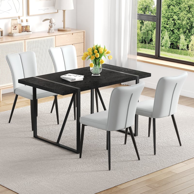 Kitchen Dining Table Set for 4-6 People, Rectangular Wooden Table with Faux Leather Dining Chairs