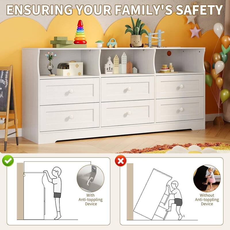 6 Drawer Dresser TV Stand for Bedroom with Charging Station & LED Lights