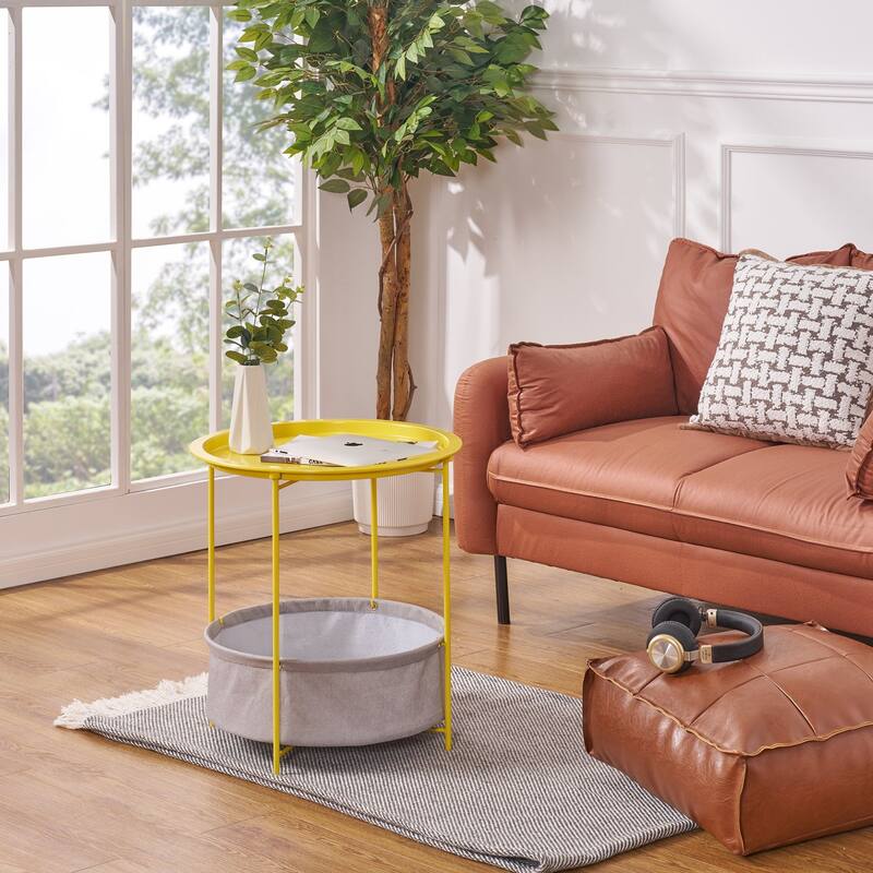 VECELO Small Round Side Table with Removable Tray & Fabric Storage Bin Easy 5-Min Assembly for Living Room Bedroom