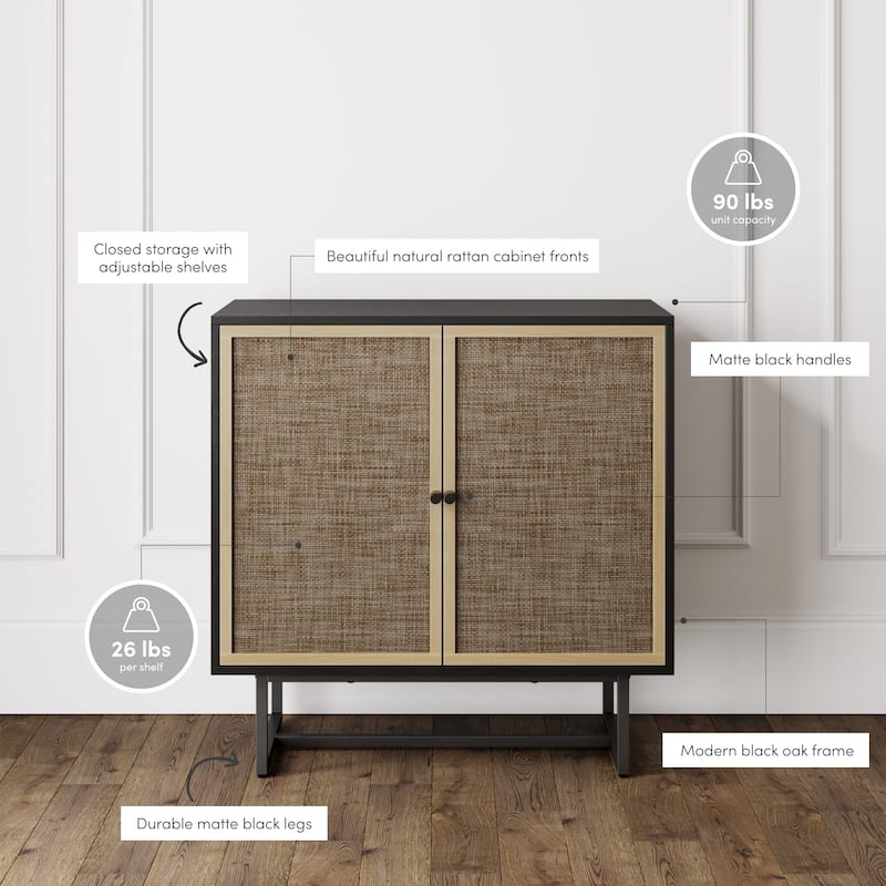 Nathan James Kova Natural Cane Rattan Doors Accent Cabinet with Metal Base and Adjustable Shelf