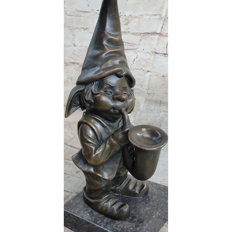 French Bronze Solid Br Figurine Gnome Trumpet Musician Music Collectible