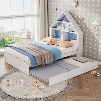 Full Size House-Shaped Bed with Bookcase Headboard and Led Light and Twin Size Trundle