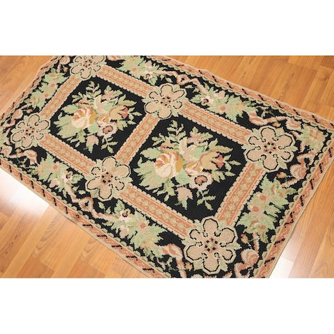 Hand Woven Black,Peach Needlepoint Wool Traditional Oriental Area Rug - 3' x 5'