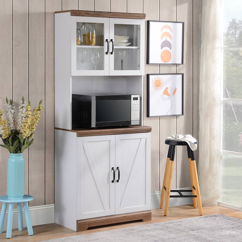 HOMCOM 70" Farmhouse Kitchen Buffet with Hutch, Cupboard Cabinet with Glass Doors, Adjustable Shelves, Microwave Countertop