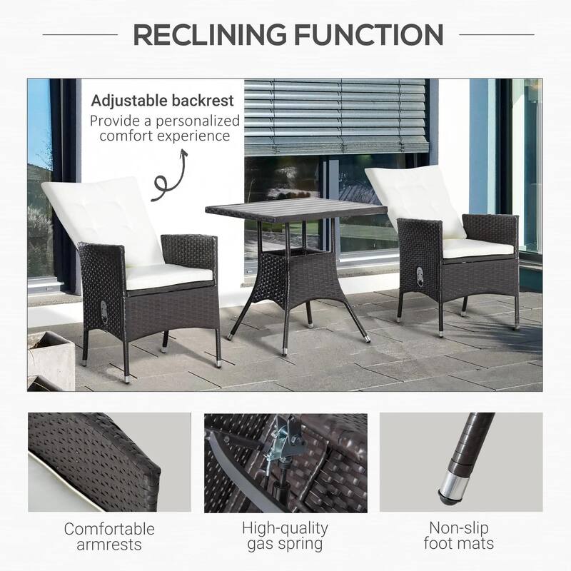3-Piece PE Wicker Set, Tufted Reclining Chairs, Coffee Table, Outdoor
