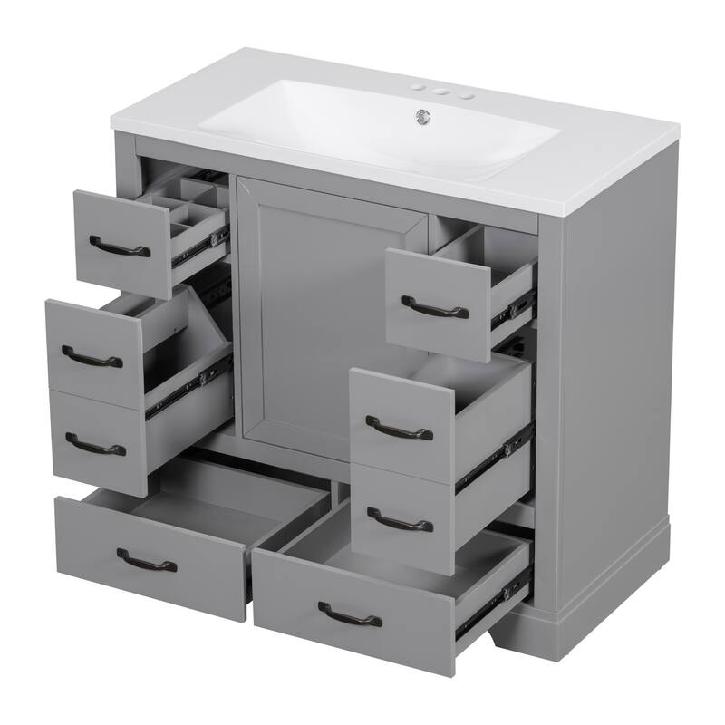 Bathroom Vanity with Ceramic Sink, Vanity Set with 6 Drawers and Soft Closing Door, Bathroom Cabinet with Adjustable Shelf
