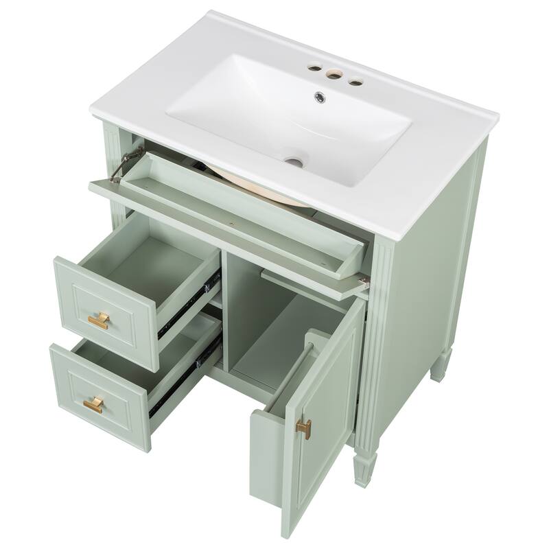 Roomfitters 30" Bathroom Vanity with Ceramic Sink, Solid Wood Frame with Flip Drawer, 2 Side Drawers & Adjustable Shelf