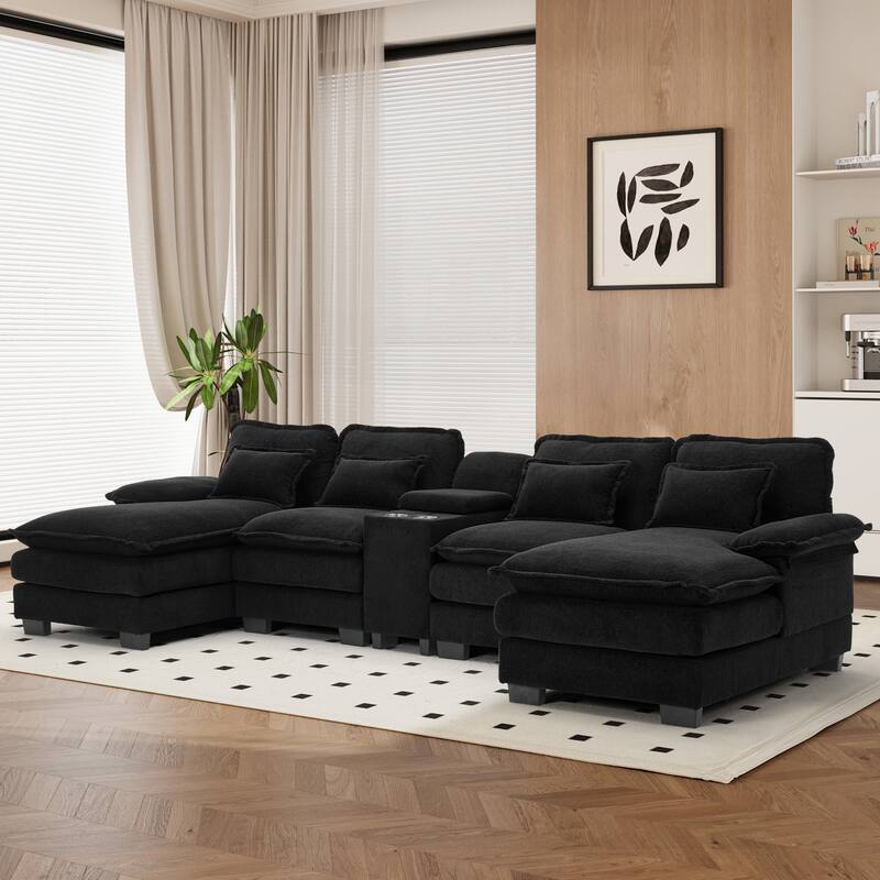 U-shaped Sectional Sofa Chenille Fabric Doudle Layer Cushion with USB Central Console