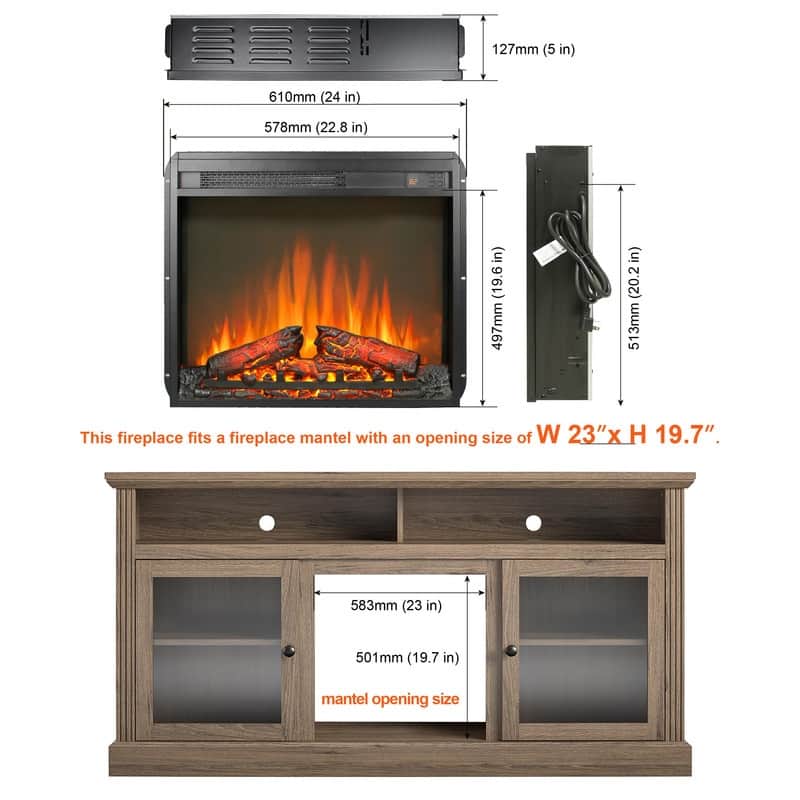 23 inch electric fireplace insert, ultra thin heater with log set & realistic flame