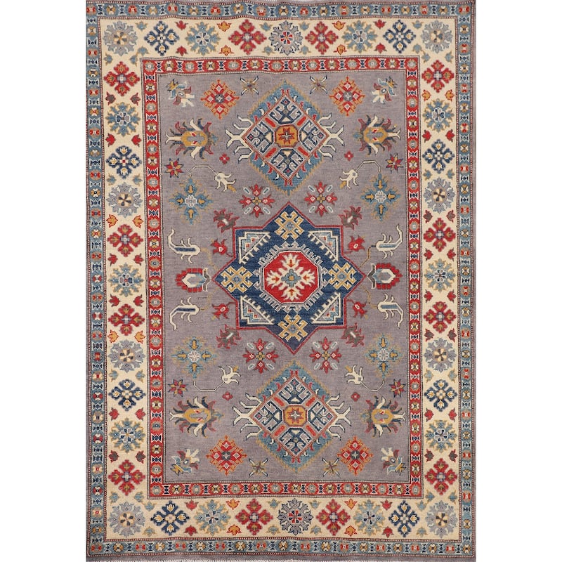 Gray Traditional / Geometric Kazak Rug Hand-Knotted Wool Carpet - 4'11" x 7'2"