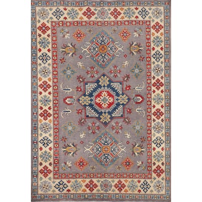 Gray Traditional / Geometric Kazak Rug Hand-Knotted Wool Carpet - 4'11" x 7'2"