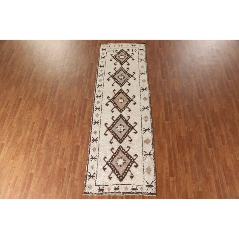 Plush Geometric Anatolian Turkish Runner Rug Hand-knotted Wool Carpet - 3'7"x 11'2"