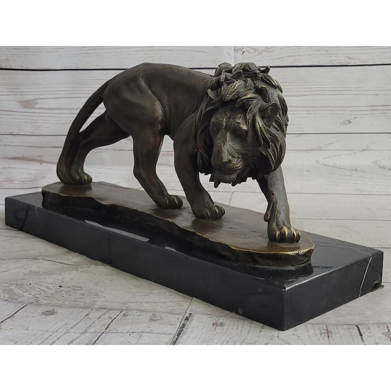 Male Lion Stalking Prey Bronze Sculpture Statue Signed Art On Marble Base