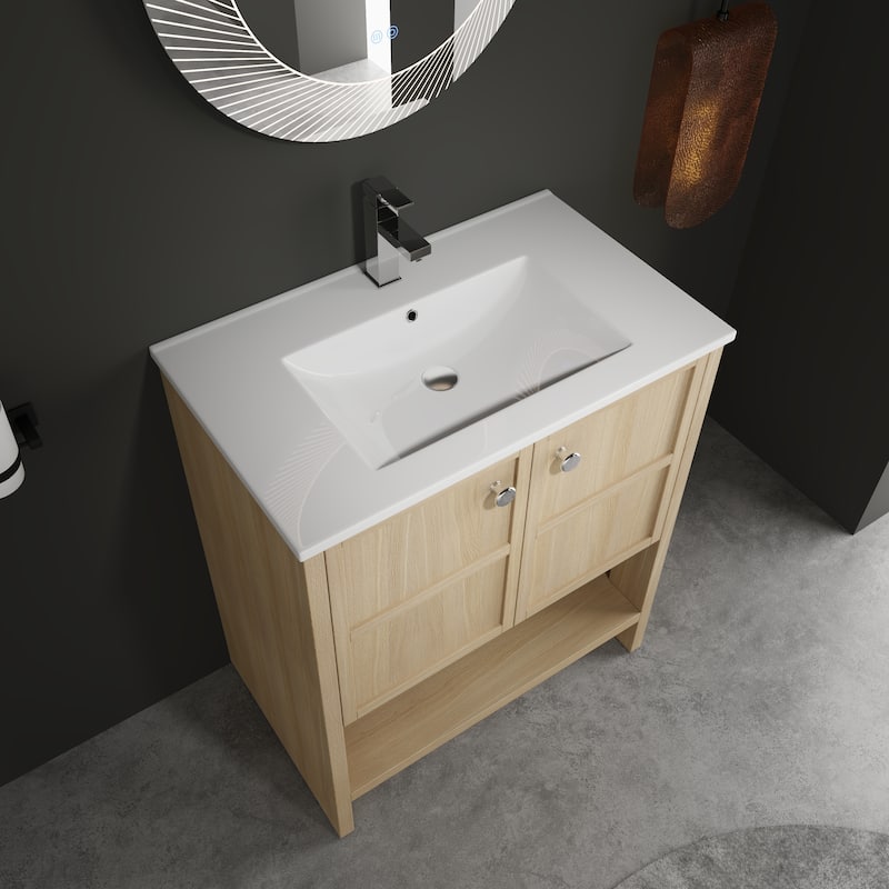 GDFStudio - Bergen Modern Minimalist Freestanding Bathroom Vanity Cabinet with Ceramic Sink, Soft Close Doors& Open Shelf - 30"