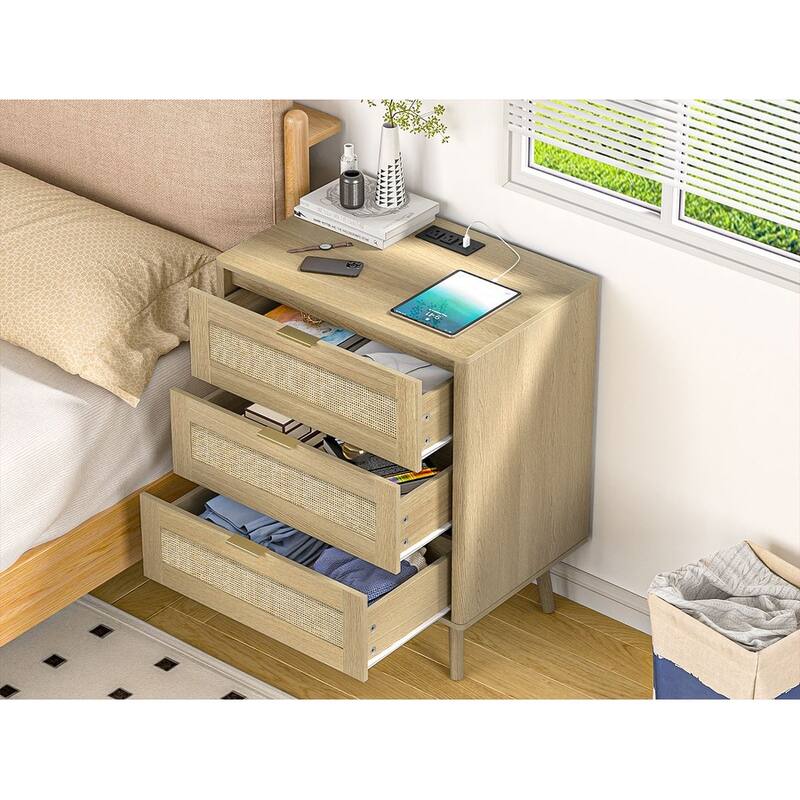 3-Drawer Rattan Dresser - Modern Boho Chest with Natural Accents, Smooth Drawers & Bedroom Storage