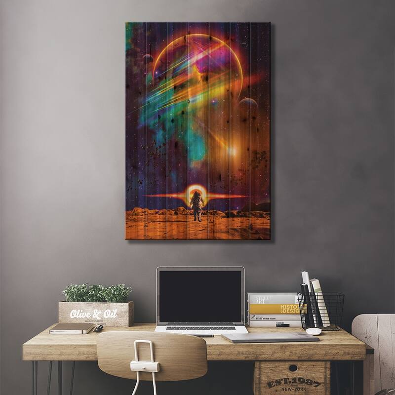 Astronaut Walking On The Planet Mars And Black Hole Print On Wood by GEN Z - Multi-Color