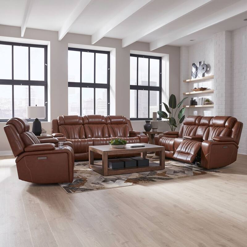 Liberty Furniture Caswell Living Room Leather Upholstery Sets - Recliner, Sofa, Loveseat - Sofa Loveseat Recliner -Nature Chestnut Leather