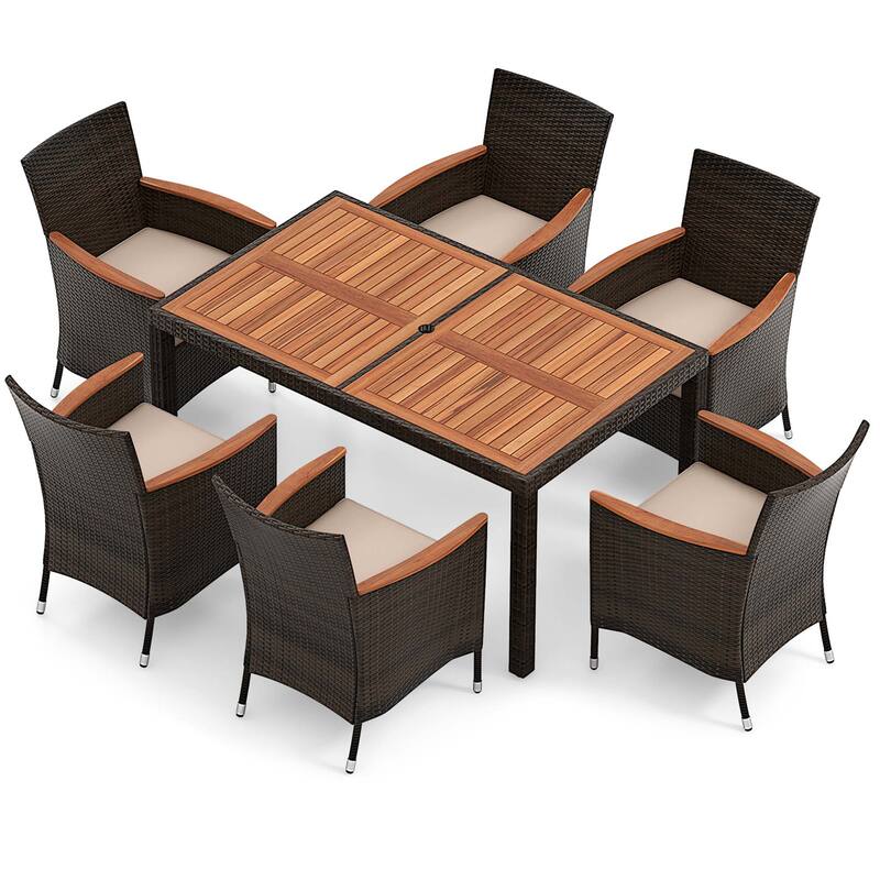 Costway 7 Pieces Outdoor Wicker Dining Set with Acacia Wood Table and - See Details