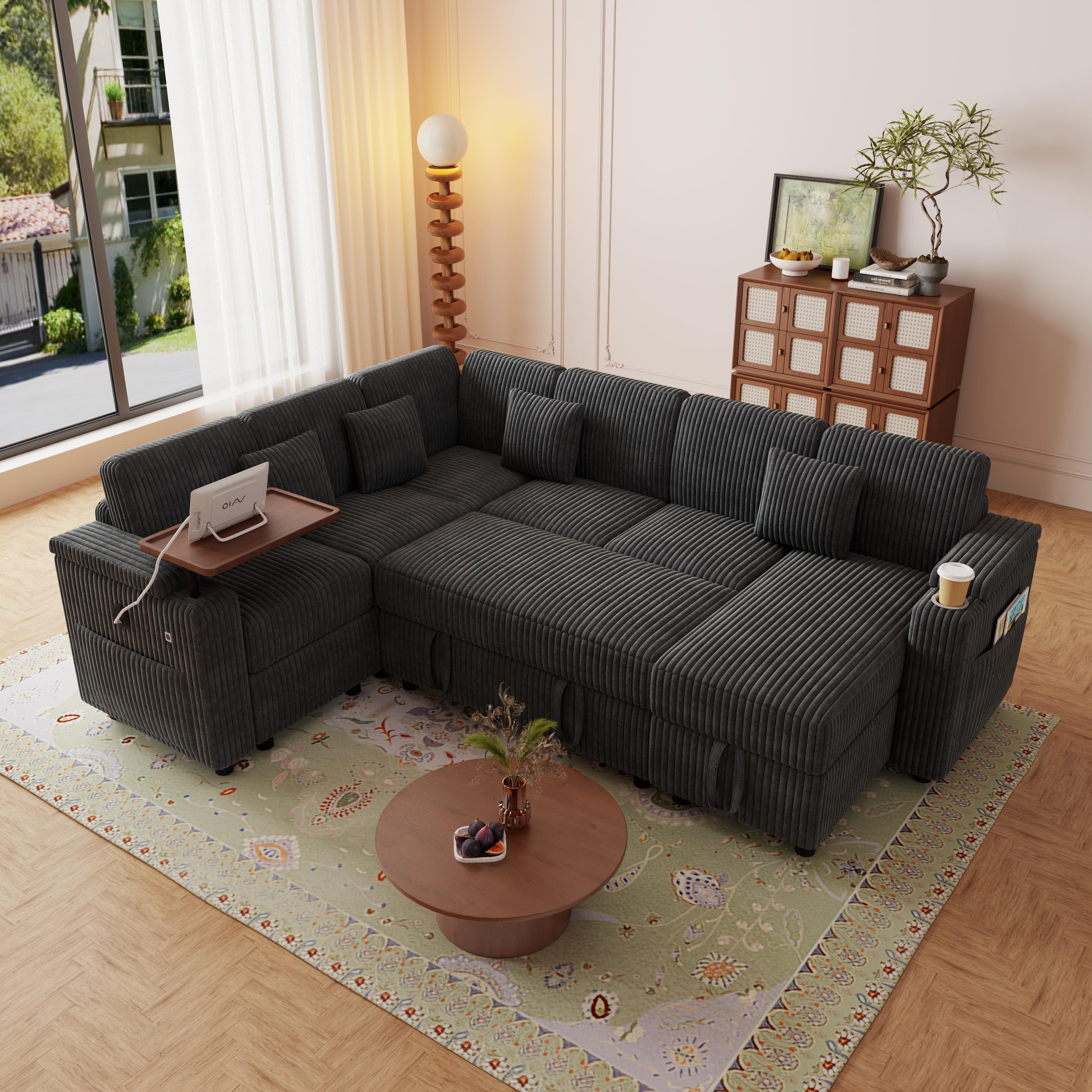 100" U-Shaped Corduroy Sofa Bed, Pull-Out Sleeper Couch with Storage, USB Ports, Cup Holder & Table Board