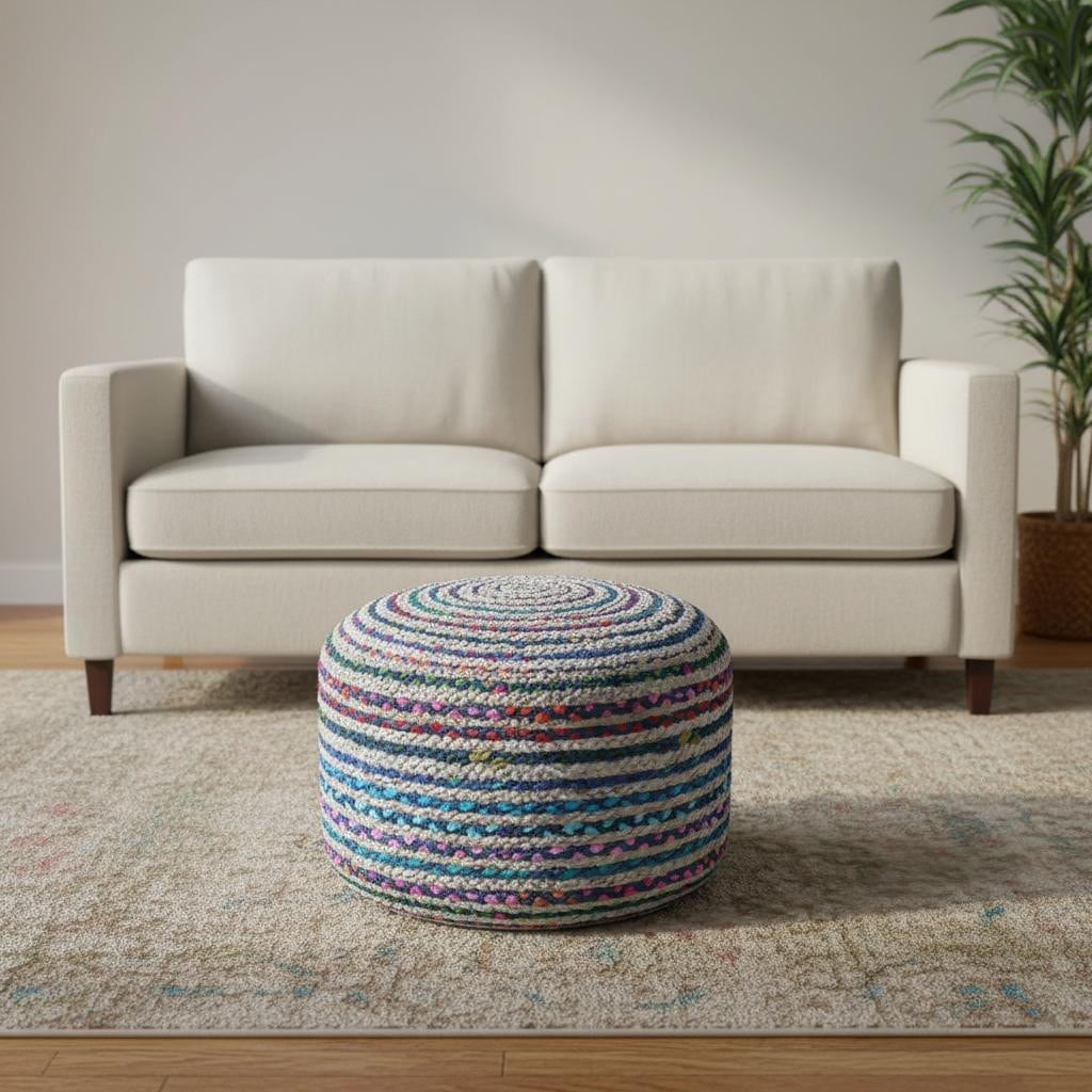 HomeRoots 20" Blue Pink and White Jute and Cotton Striped Round Pouf Ottoman