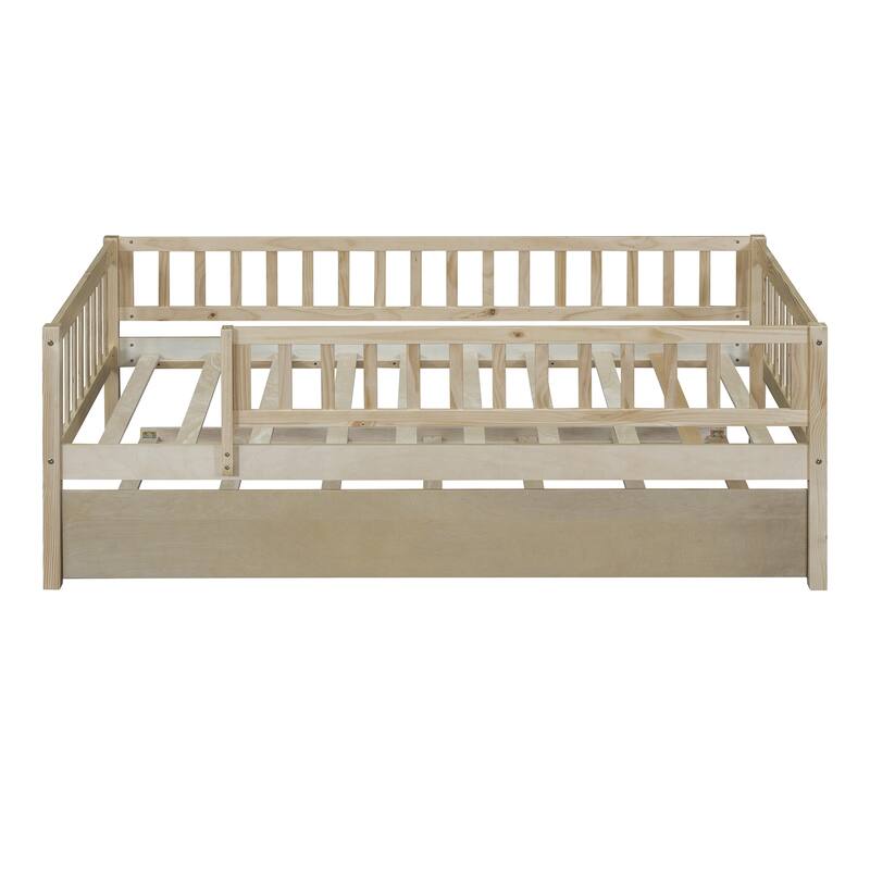 Twin Size Wooden Daybed with Trundle and Fence Guardrails, Space-Saving Design
