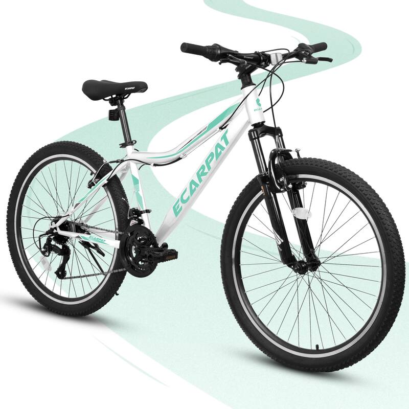 24 Inch Mountain Bike For Teens Students,21 Speed Front Suspension Fork V Brakes Twist Shifter Ideal For Commuting School - White