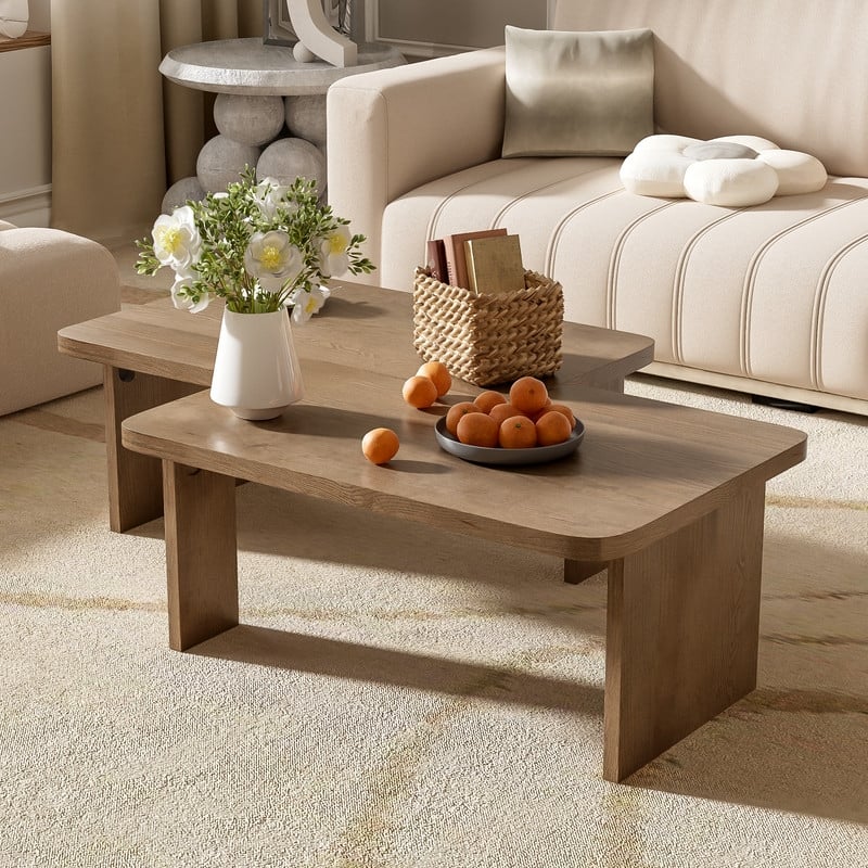 Modern Minimalist Rectangle Coffee Table with Splicing Design, Multifunctional Combination Table for Living Room - Natural