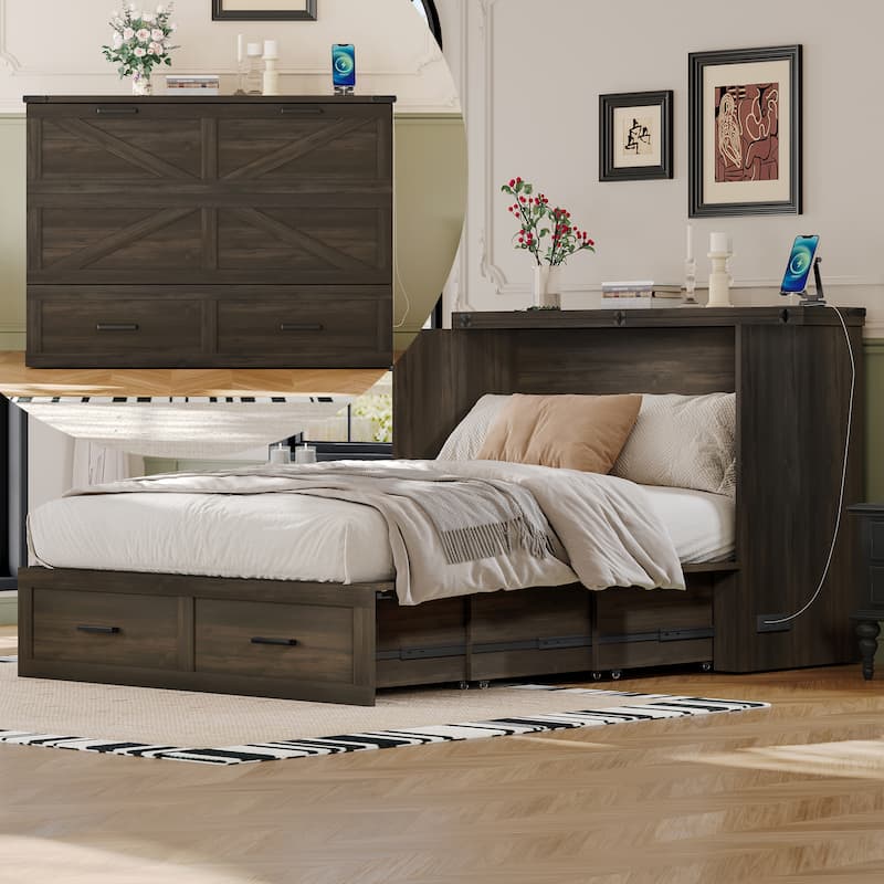 Wooden Foldable Murphy Cabinet Bed Platform Bed Bottom Large Storage Drawer Side with Outlets and USB Ports