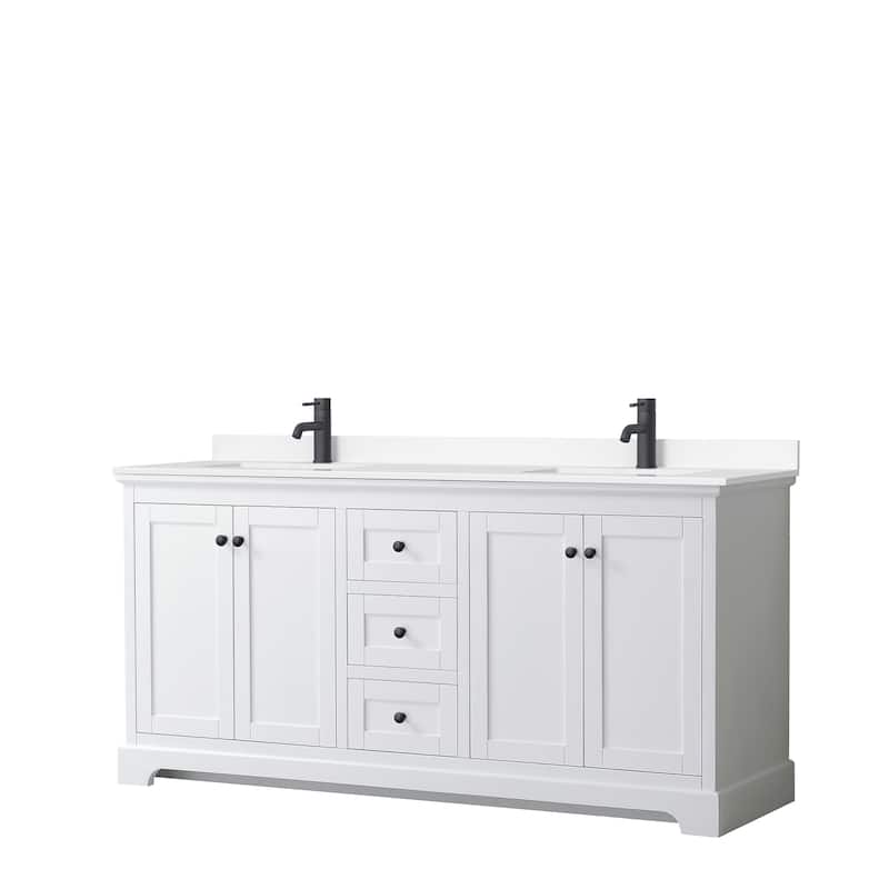 Avery 72 Inch Double Vanity, Cultured Marble Top - White, Black Trim, White Cultured Marble Top