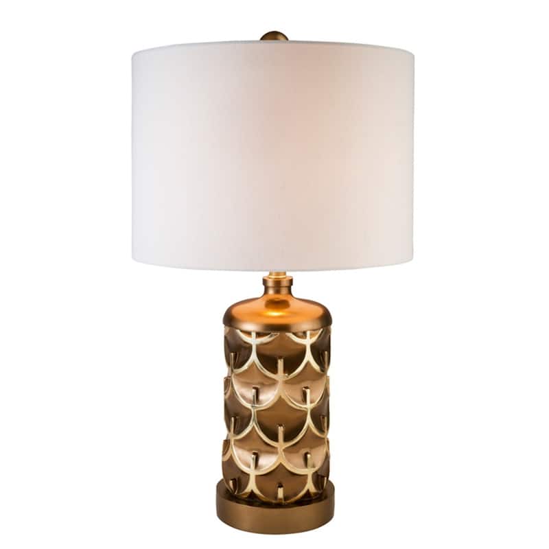 Gold Metal Bedside Table Lamp with White Cotton Drum Shade Rotary Switch - 16” x 16” x 28.5” (D x W x H) - Gold-White
