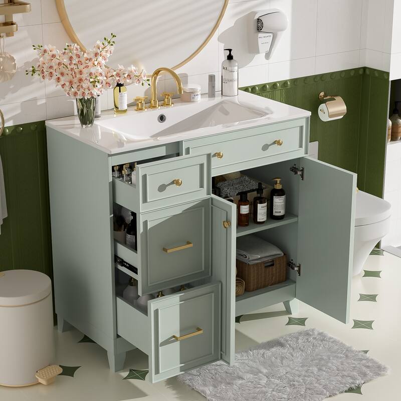 36" Bathroom Vanity with Ceramic Sink, Standard and Double-Layer Drawers, Soft Close Doors, Adjustable Shelves, Storage Cabinet