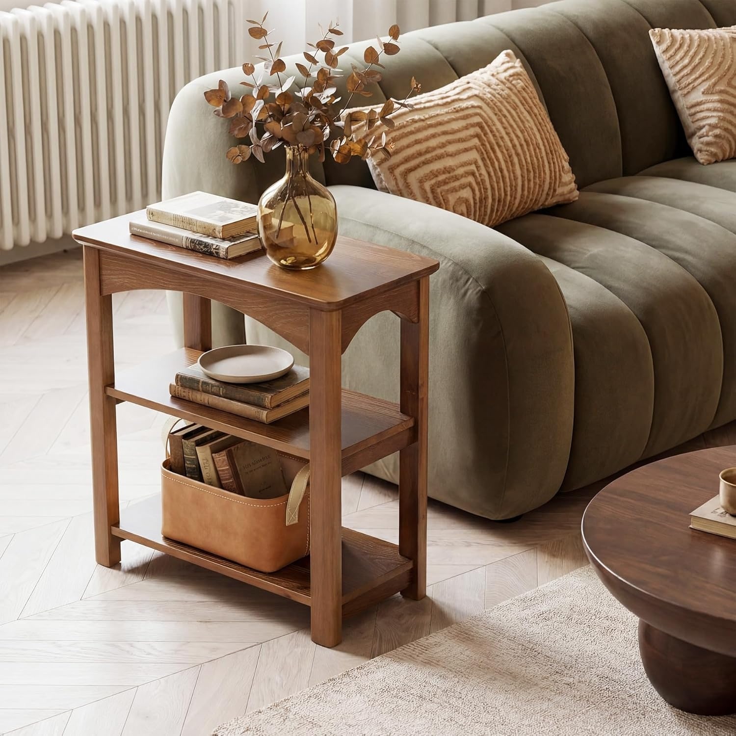 3-Tier Solid Wood Narrow Side/End Table with Storage Shelves