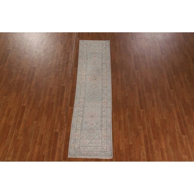Hand Knotted Oriental 100% Wool Carpet Transitional Geometric Navy Blue & Blues Oushak Runner Rug - 9' 4'' X 2' 4''