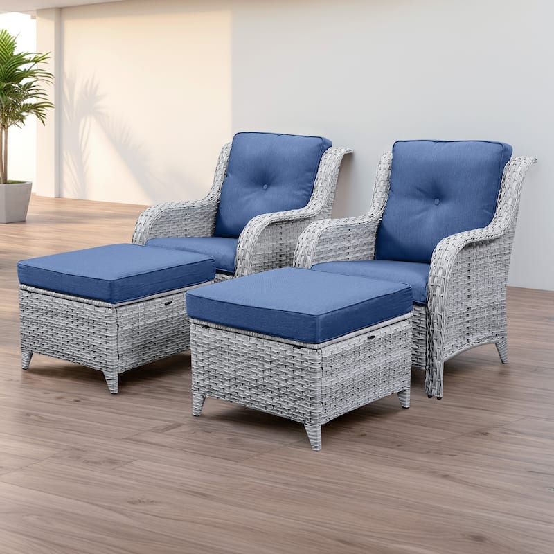 Pocassy Outdoor Patio Chairs with Ottomans Set of 4 - Light Grey/Blue