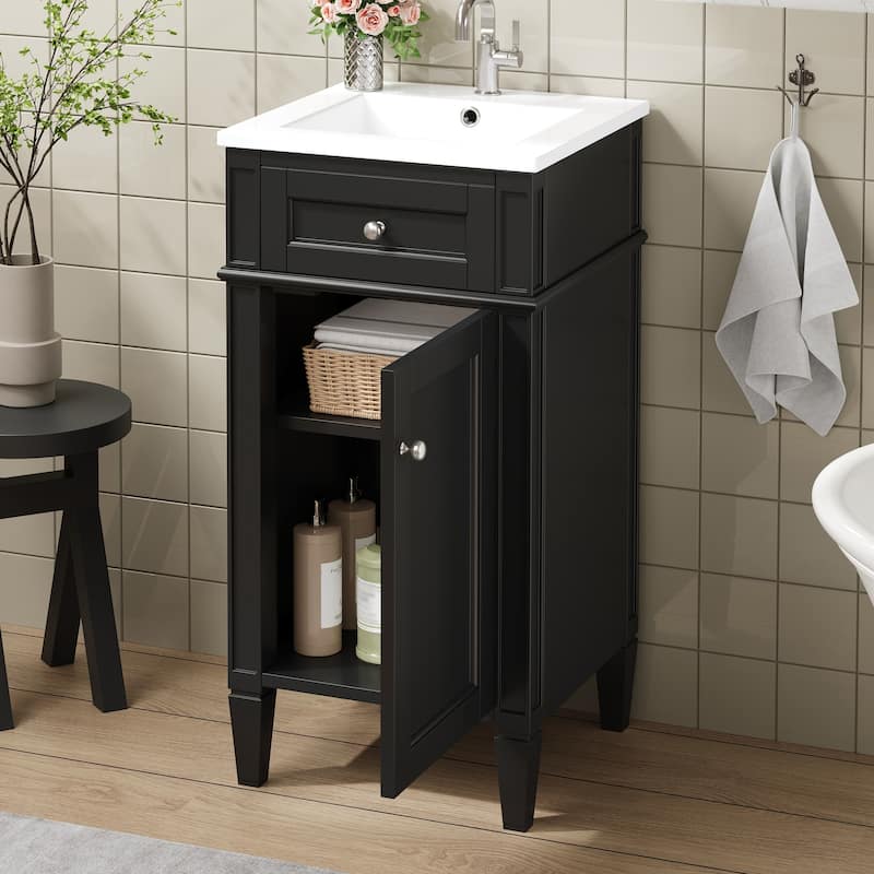 16-inch Freestanding Bathroom Vanity with Ceramic Sink - French Style Single Vanity with Soft-Closing Door & Solid Feet