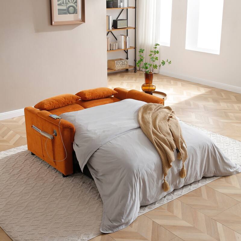 3 in 1 Convertible Sofa Bed with USB Port, Velvet 2 Seater Pull Out Sofa Bed, Loveseat Sofa with Adjustable Back & Side Pockets