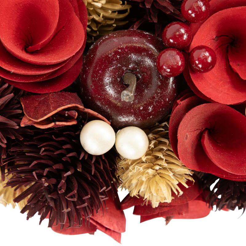 Red Wooden Roses with Apples and Pearls Artificial Christmas Wreath 13-Inch Unlit. - 13"