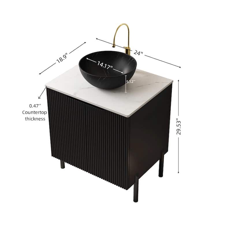 24" Bathroom Vanity with Sink, Freestanding Bathroom Storage Cabinet with 2 Doors, Black Bowl Ceramic Basin with Stone Pattern