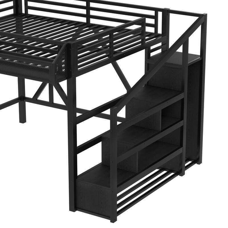Queen Size Loft Bed with Storage Staircase & Open Wardrobe, Metal Kids Teens Bed Frame with Charging Station & LED Light