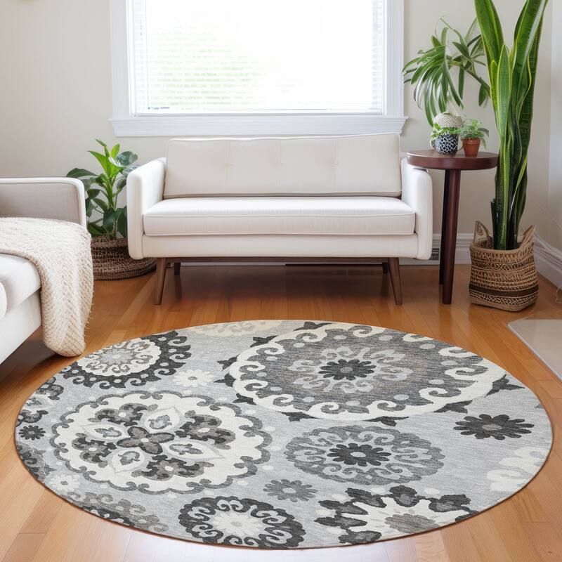 Premium Washable Super Soft Boho Suzani Mayfield Rug - Silver - 8' x 8' - Round