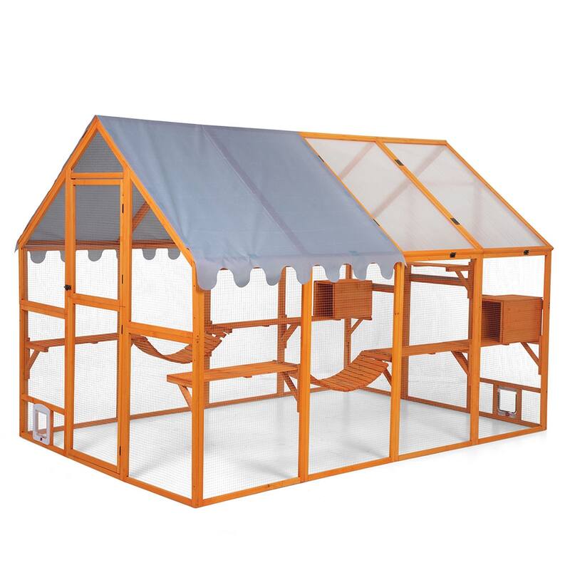 Wooden Cat Cage, Outdoor Large Cat Playpen with Platforms