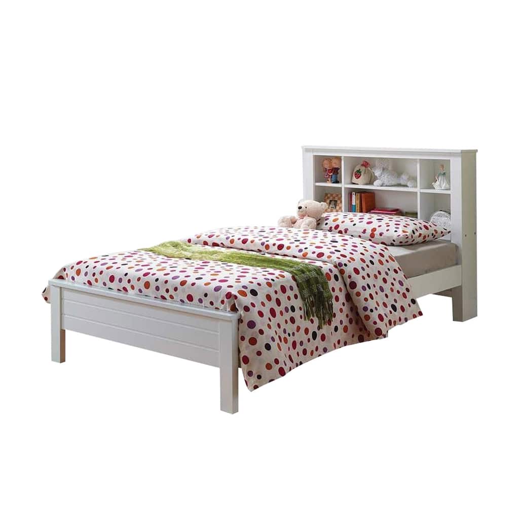 Wooden Twin Bed with Shelf Headboard in White