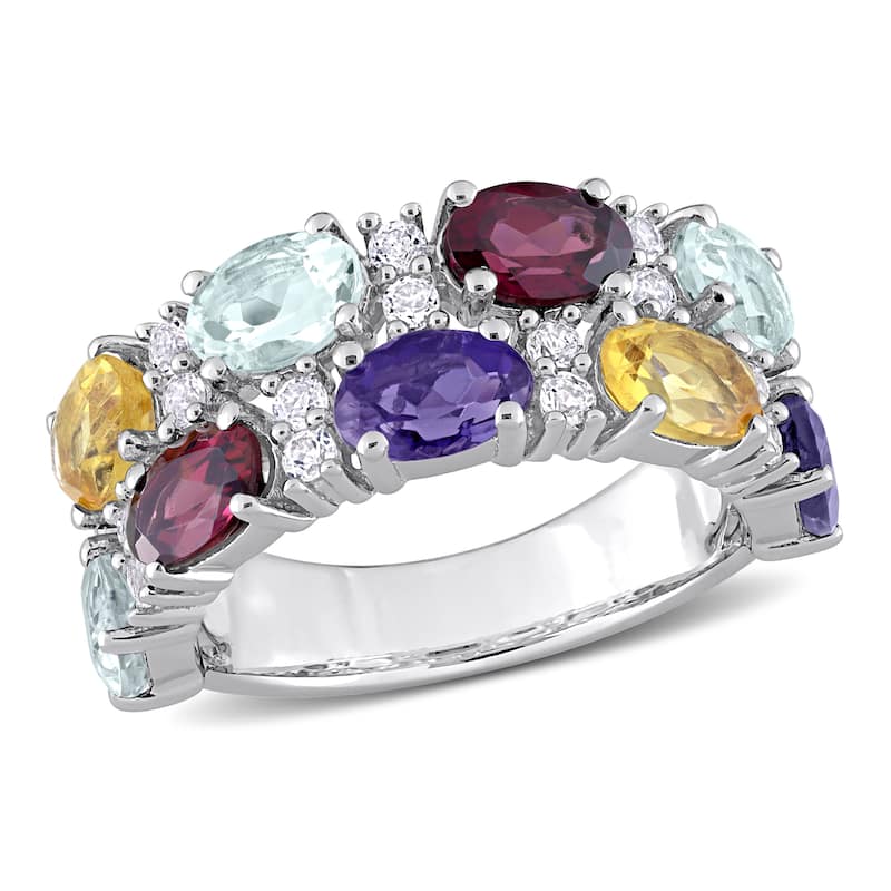 Miadora Aquamarine, Rhodolite, Citrine, Iolite & White Topaz Mosaic Ring in Sterling Silver